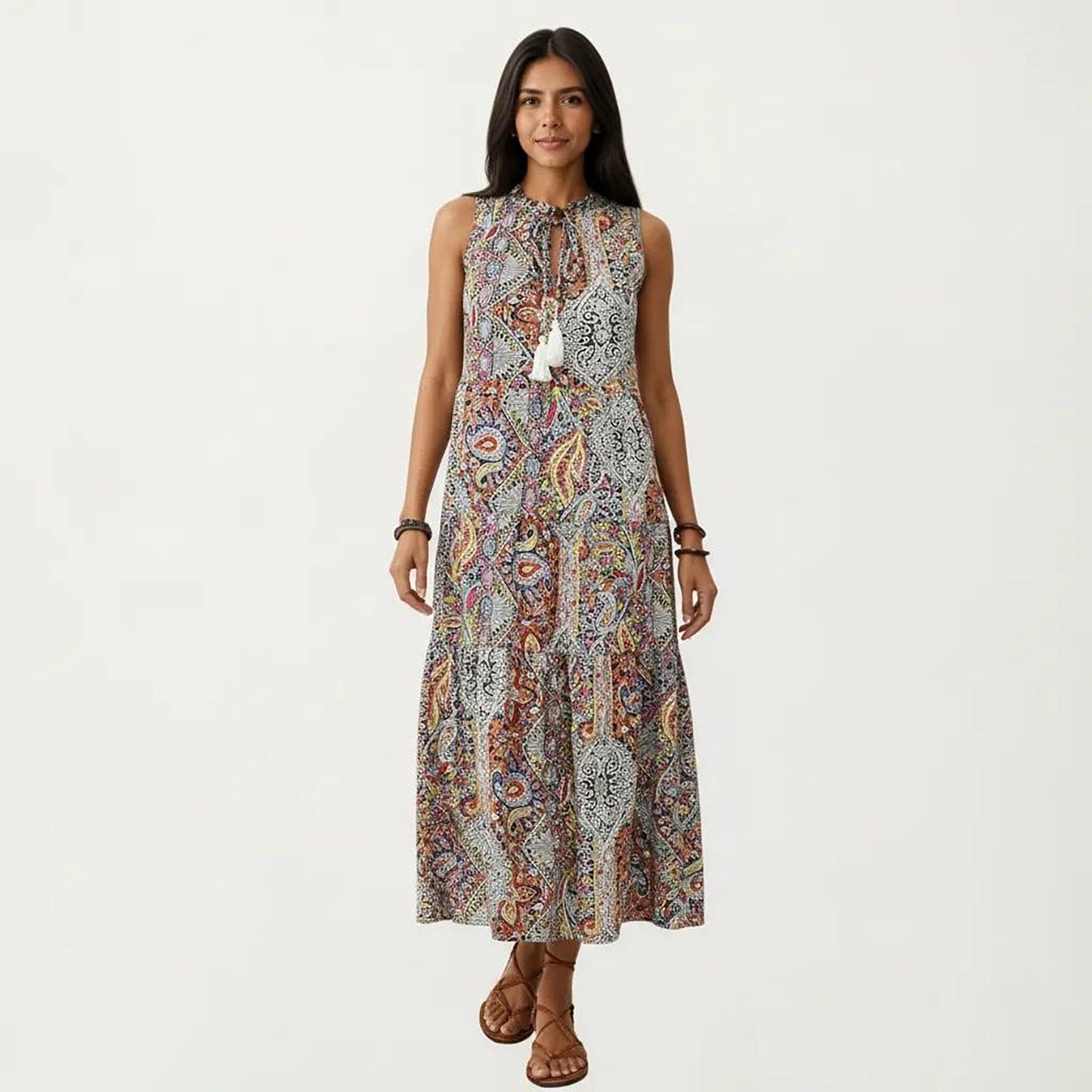 Anna-Kaci Women's Sleeveless Maxi Dress with Mixed Print Design and Tie Neck Detail
