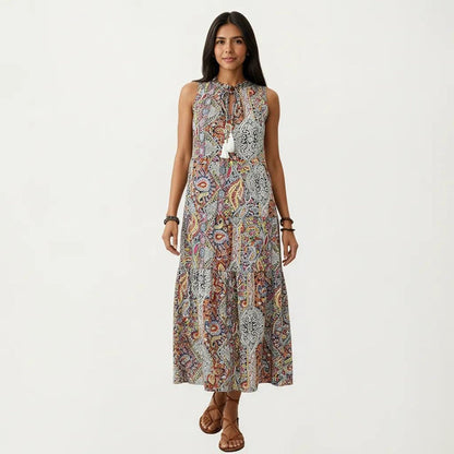 Anna-Kaci Women's Sleeveless Maxi Dress with Mixed Print Design and Tie Neck Detail