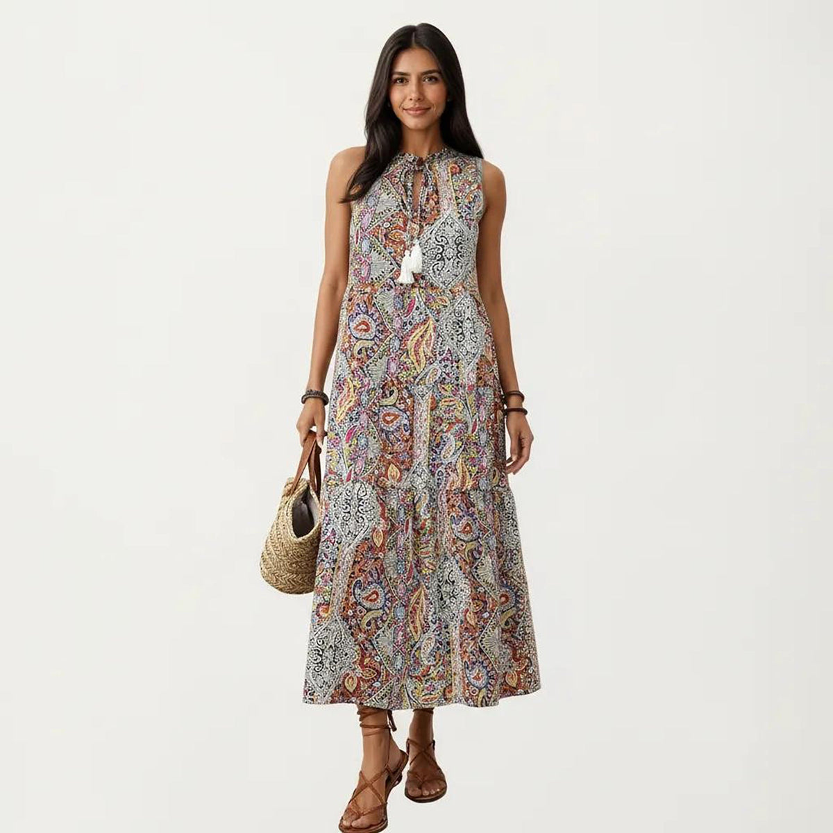 Anna-Kaci Women's Sleeveless Maxi Dress with Mixed Print Design and Tie Neck Detail