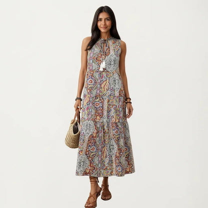 Anna-Kaci Women's Sleeveless Maxi Dress with Mixed Print Design and Tie Neck Detail
