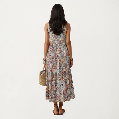 Anna-Kaci Women's Sleeveless Maxi Dress with Mixed Print Design and Tie Neck Detail