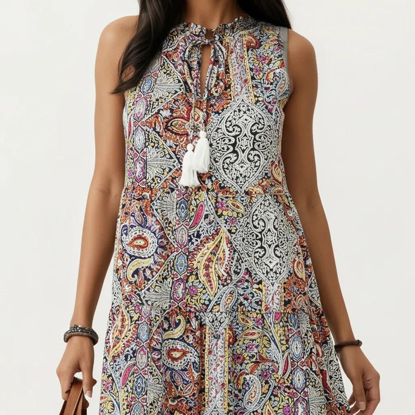 Anna-Kaci Women's Sleeveless Maxi Dress with Mixed Print Design and Tie Neck Detail