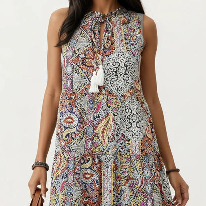 Anna-Kaci Women's Sleeveless Maxi Dress with Mixed Print Design and Tie Neck Detail