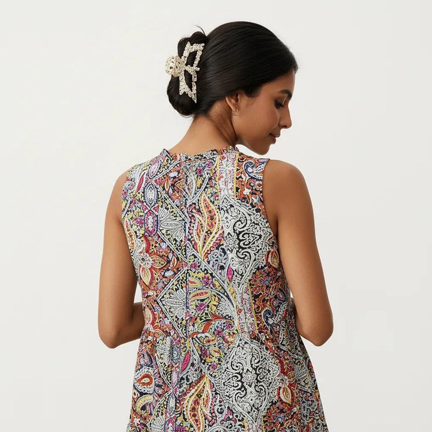 Anna-Kaci Women's Sleeveless Maxi Dress with Mixed Print Design and Tie Neck Detail