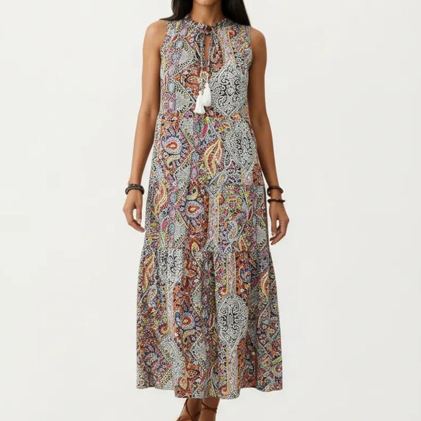Anna-Kaci Women's Sleeveless Maxi Dress with Mixed Print Design and Tie Neck Detail