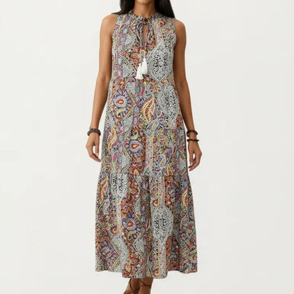 Anna-Kaci Women's Sleeveless Maxi Dress with Mixed Print Design and Tie Neck Detail