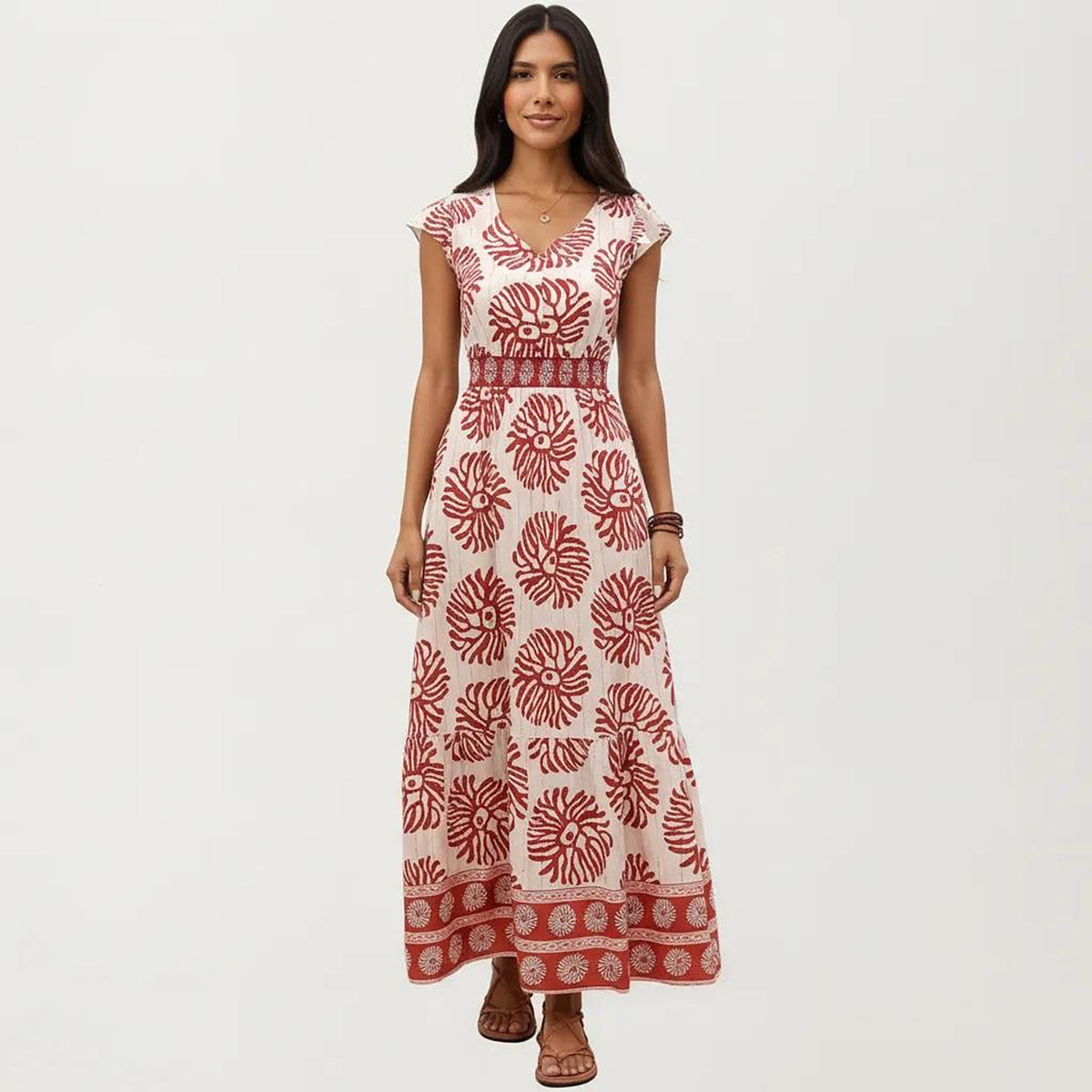 Anna-Kaci Women's Cap Sleeve Maxi Dress with V Neckline and Smocked Waist Detail
