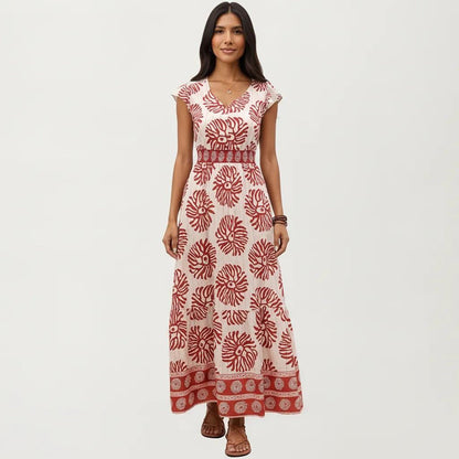 Anna-Kaci Women's Cap Sleeve Maxi Dress with V Neckline and Smocked Waist Detail
