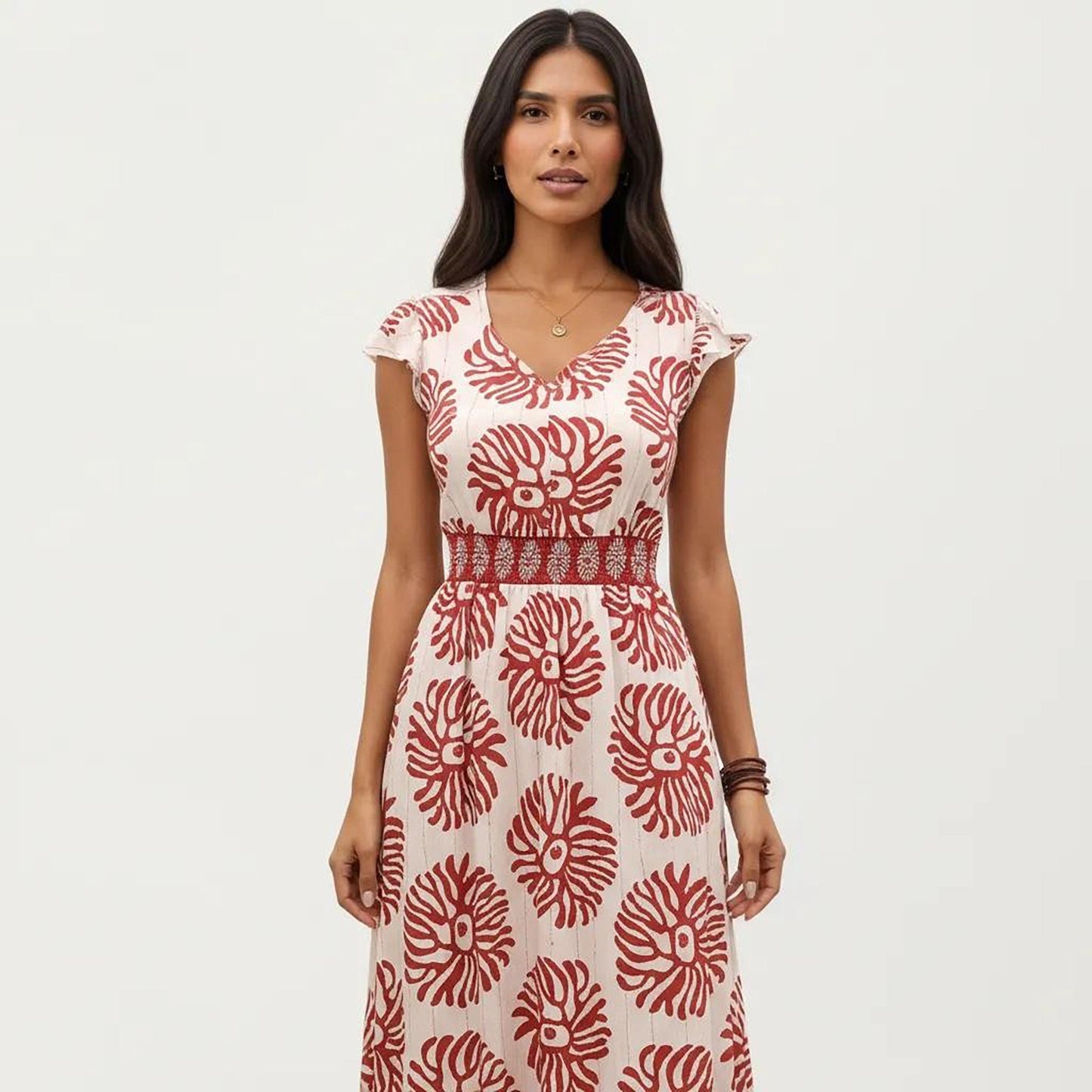 Anna-Kaci Women's Cap Sleeve Maxi Dress with V Neckline and Smocked Waist Detail