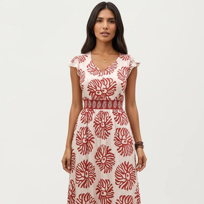 Anna-Kaci Women's Cap Sleeve Maxi Dress with V Neckline and Smocked Waist Detail