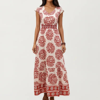 Anna-Kaci Women's Cap Sleeve Maxi Dress with V Neckline and Smocked Waist Detail