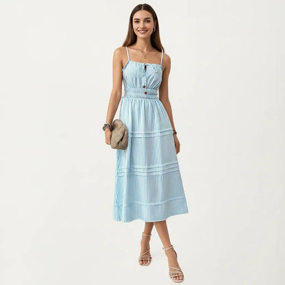 Anna-Kaci Women's Sleeveless Striped Midi Dress with Adjustable Straps Smocked Waist Button Front and Tiered Skirt