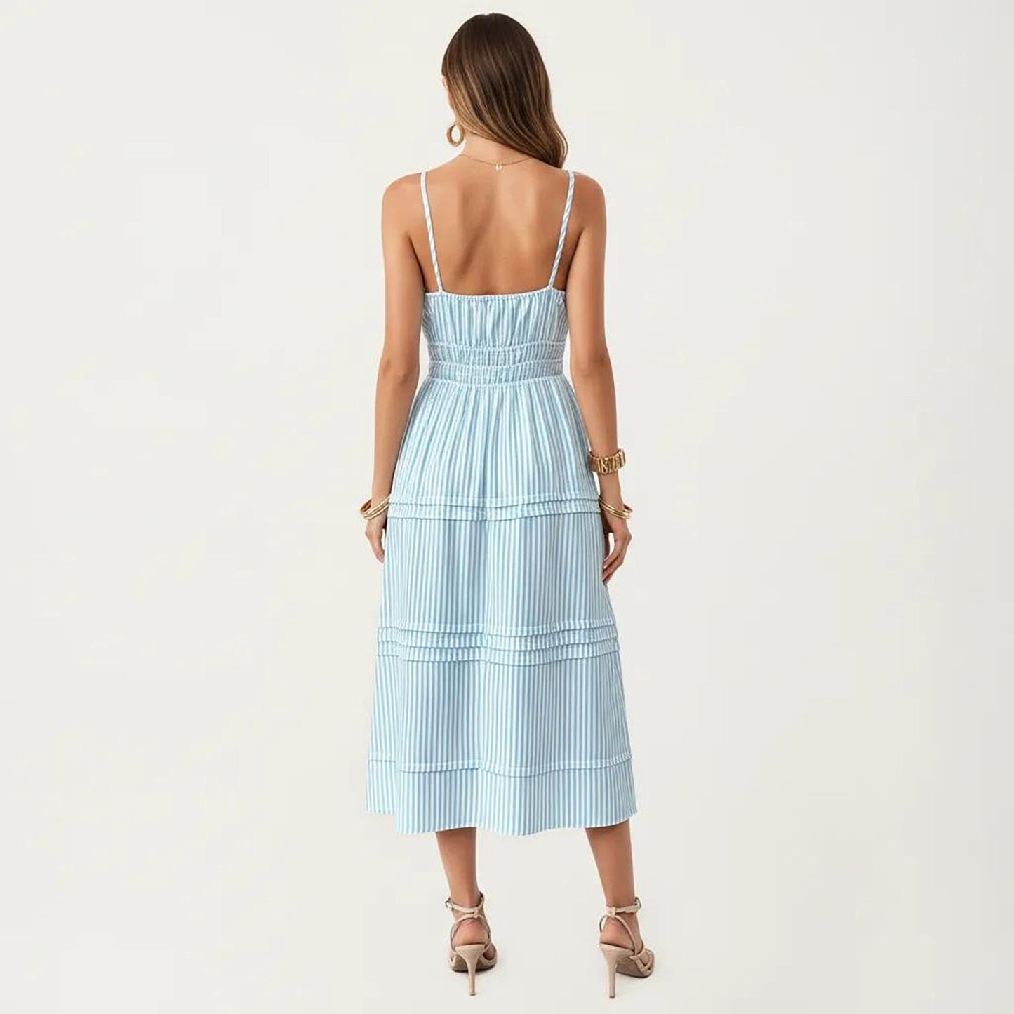 Anna-Kaci Women's Sleeveless Striped Midi Dress with Adjustable Straps Smocked Waist Button Front and Tiered Skirt