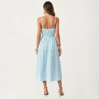 Anna-Kaci Women's Sleeveless Striped Midi Dress with Adjustable Straps Smocked Waist Button Front and Tiered Skirt