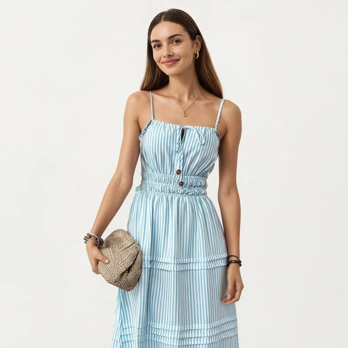 Anna-Kaci Women's Sleeveless Striped Midi Dress with Adjustable Straps Smocked Waist Button Front and Tiered Skirt