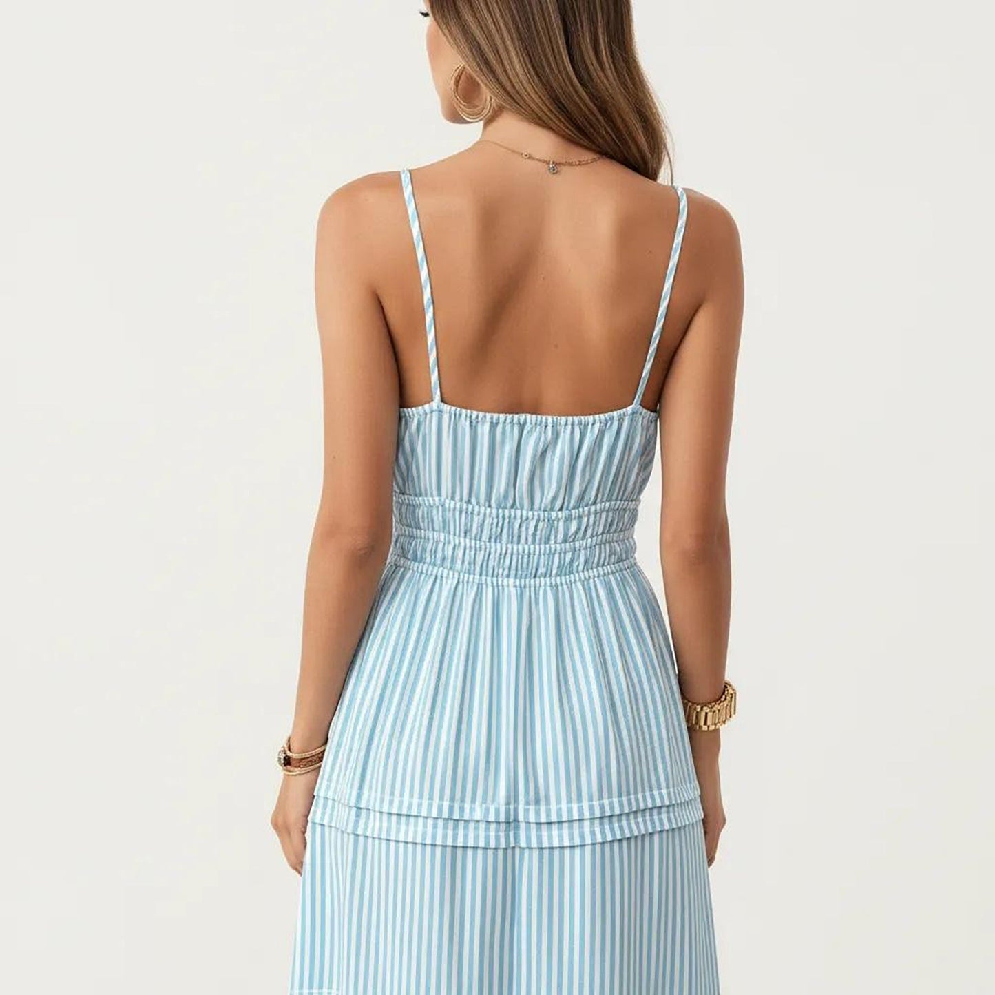 Anna-Kaci Women's Sleeveless Striped Midi Dress with Adjustable Straps Smocked Waist Button Front and Tiered Skirt