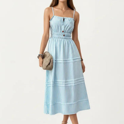 Anna-Kaci Women's Sleeveless Striped Midi Dress with Adjustable Straps Smocked Waist Button Front and Tiered Skirt