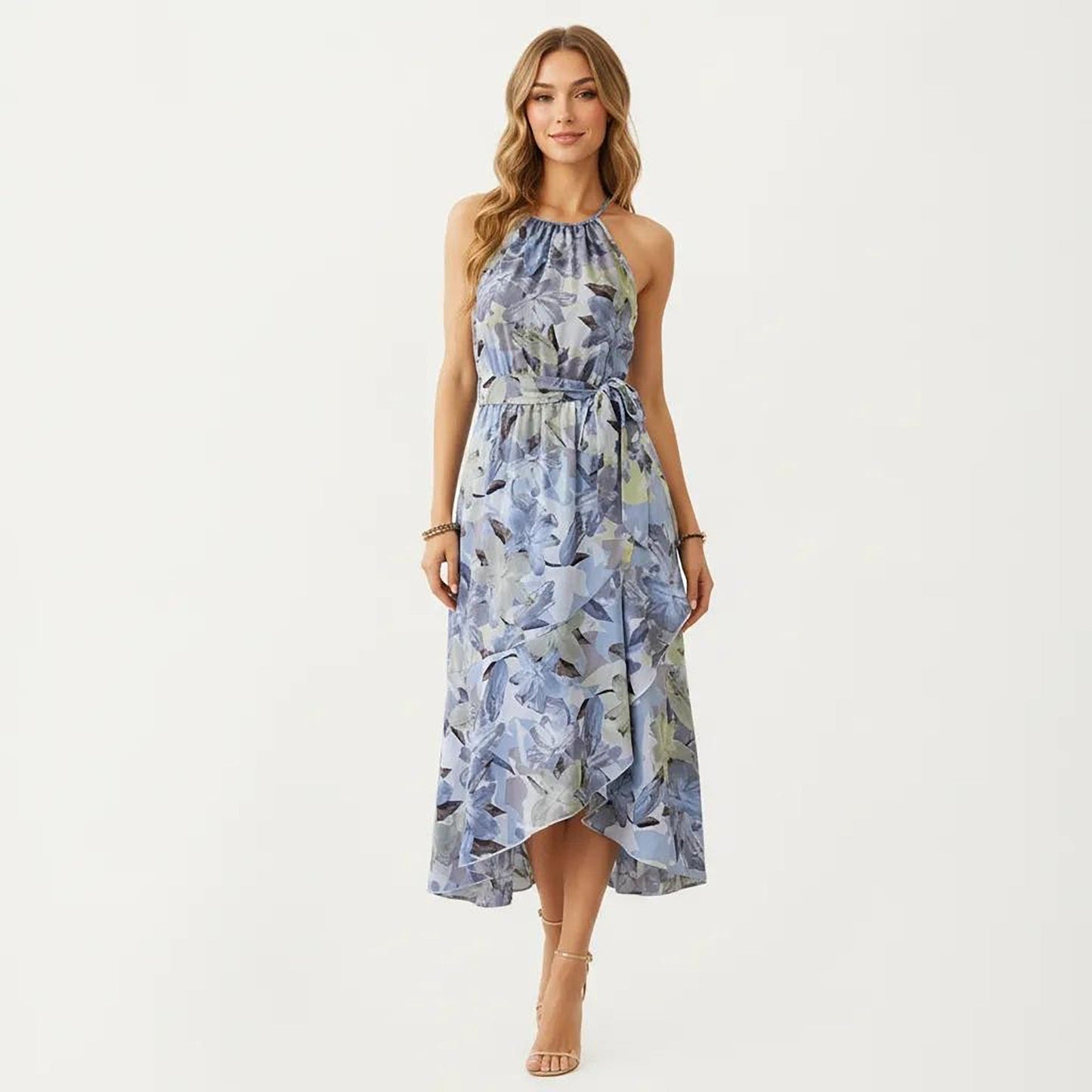 Anna-Kaci Women's Halter Neck Midi Dress with Floral Print and Asymmetrical Hem
