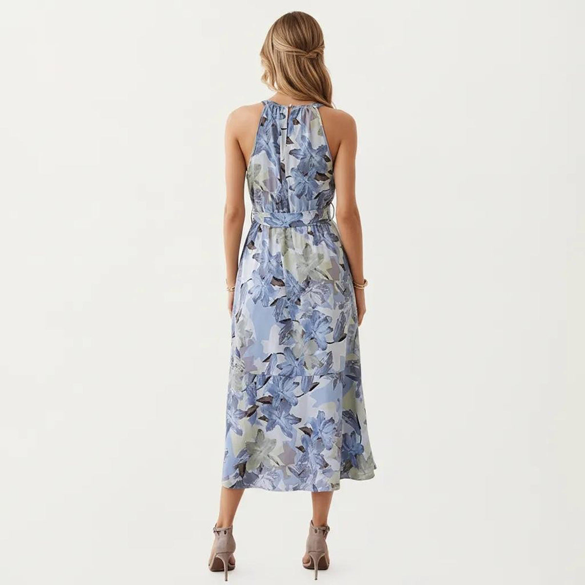 Anna-Kaci Women's Halter Neck Midi Dress with Floral Print and Asymmetrical Hem