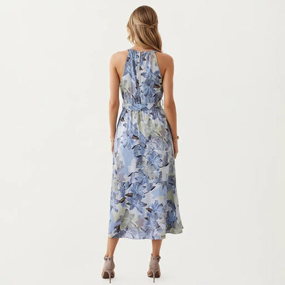 Anna-Kaci Women's Halter Neck Midi Dress with Floral Print and Asymmetrical Hem