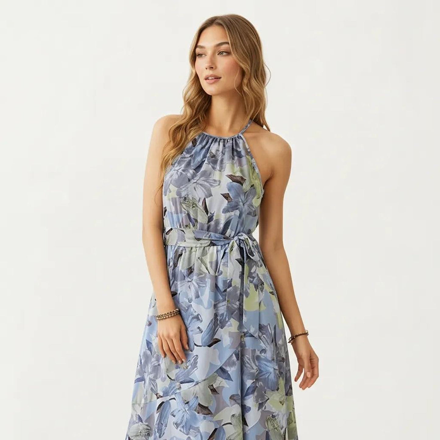 Anna-Kaci Women's Halter Neck Midi Dress with Floral Print and Asymmetrical Hem