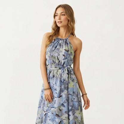 Anna-Kaci Women's Halter Neck Midi Dress with Floral Print and Asymmetrical Hem