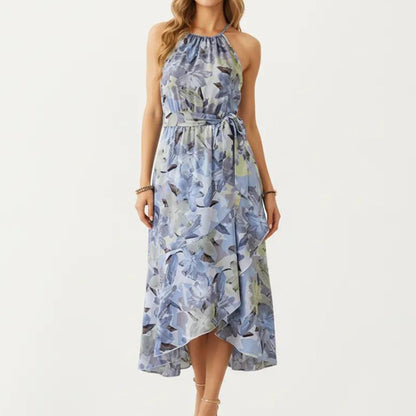 Anna-Kaci Women's Halter Neck Midi Dress with Floral Print and Asymmetrical Hem