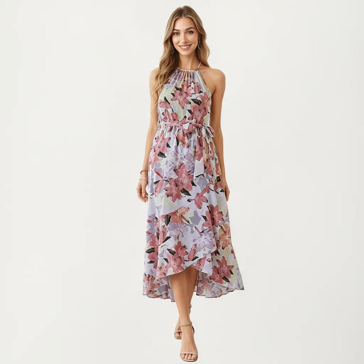 Anna-Kaci Women's Halter Neck Midi Dress with Floral Print and Asymmetrical Hem