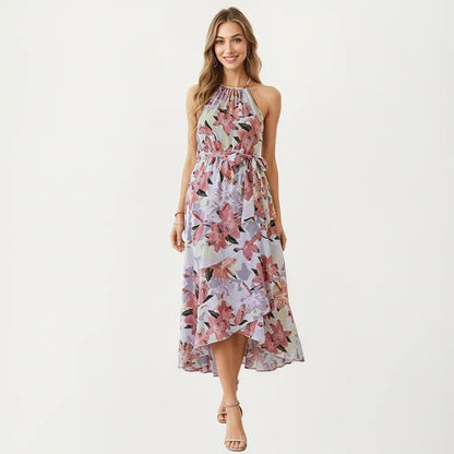 Anna-Kaci Women's Halter Neck Midi Dress with Floral Print and Asymmetrical Hem