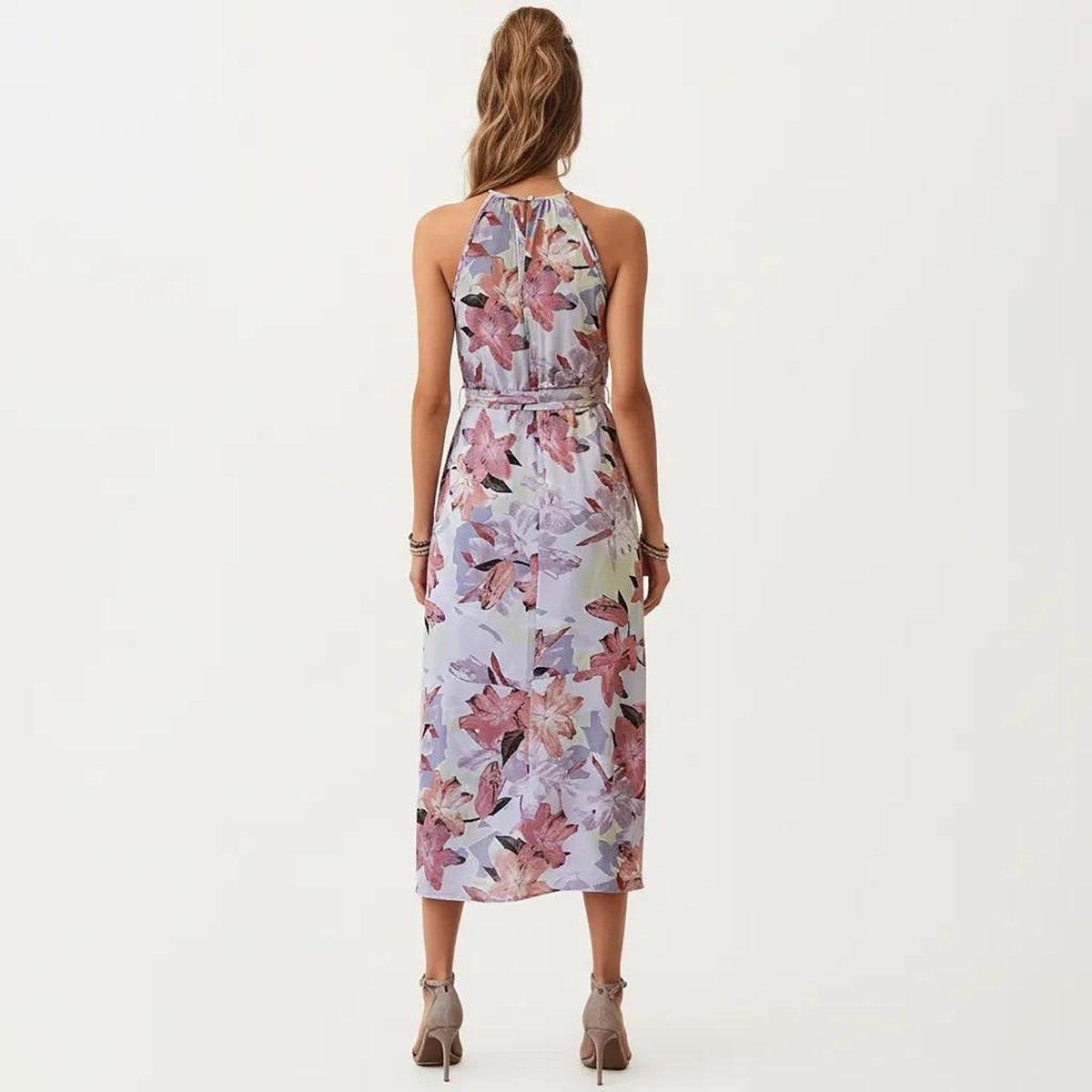 Anna-Kaci Women's Halter Neck Midi Dress with Floral Print and Asymmetrical Hem