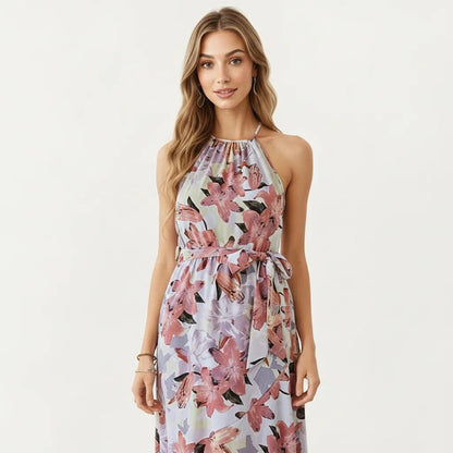 Anna-Kaci Women's Halter Neck Midi Dress with Floral Print and Asymmetrical Hem