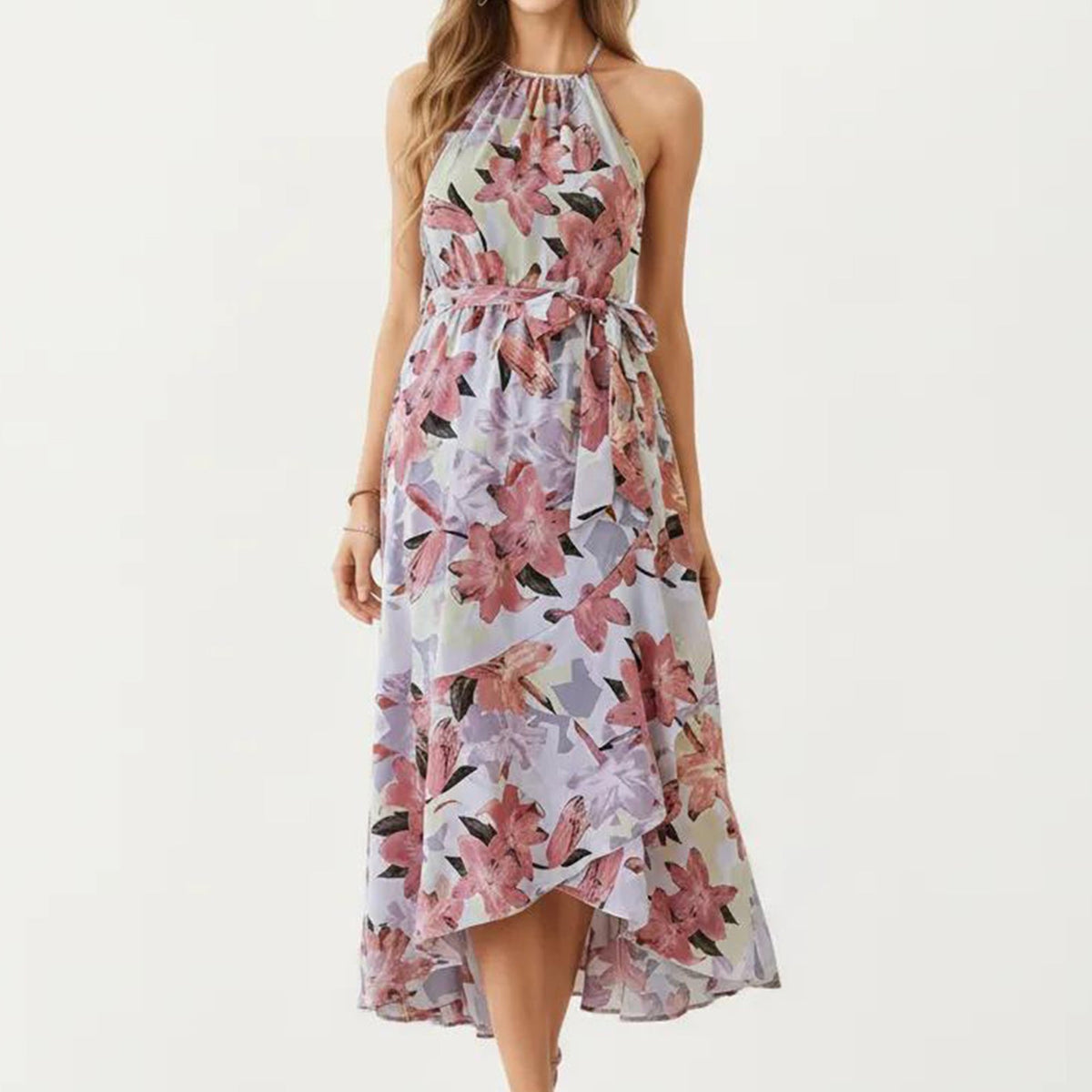 Anna-Kaci Women's Halter Neck Midi Dress with Floral Print and Asymmetrical Hem
