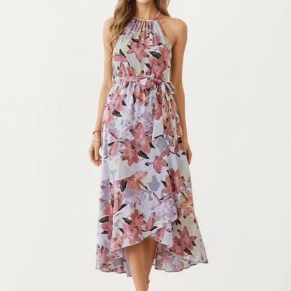 Anna-Kaci Women's Halter Neck Midi Dress with Floral Print and Asymmetrical Hem
