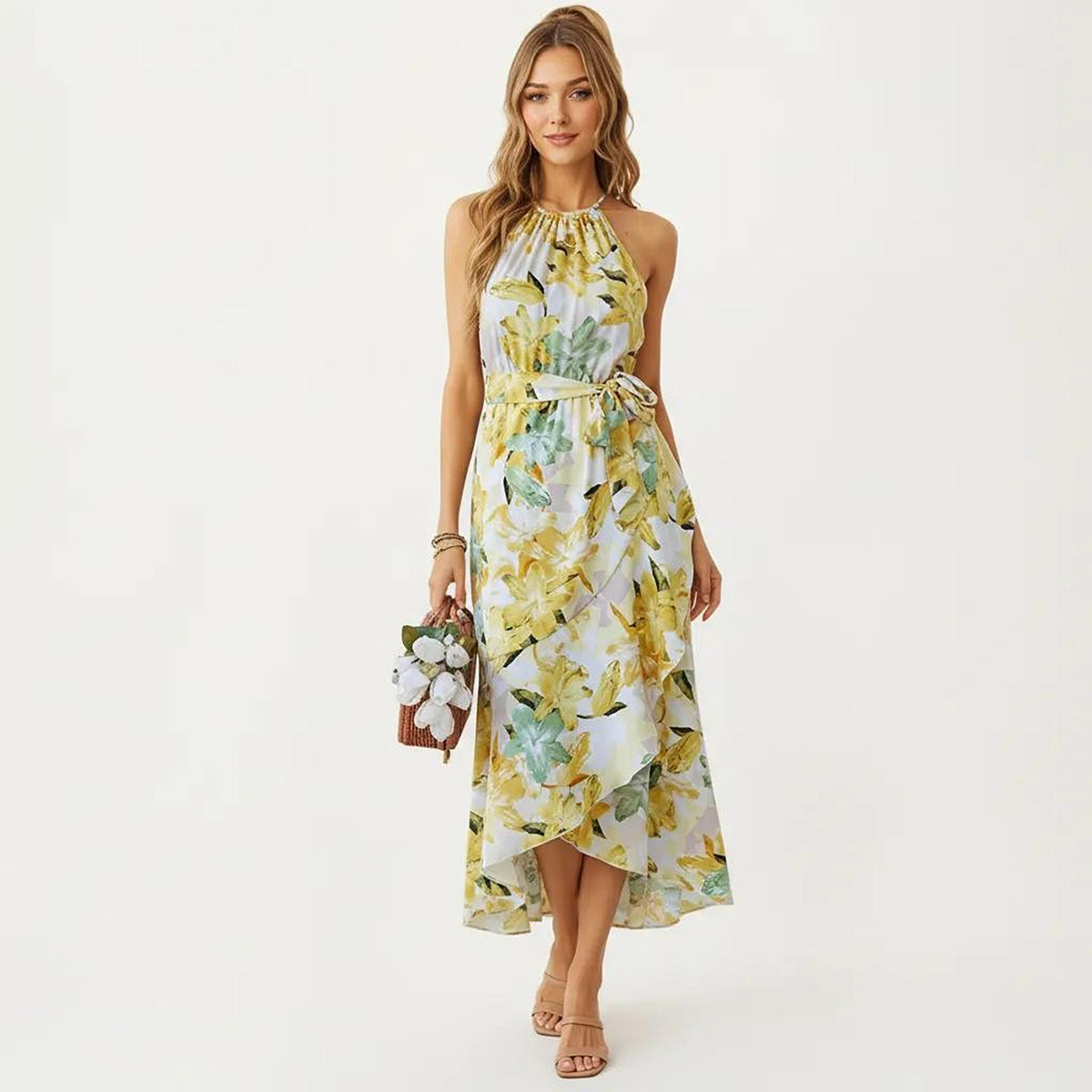 Anna-Kaci Women's Halter Neck Midi Dress with Floral Print and Asymmetrical Hem