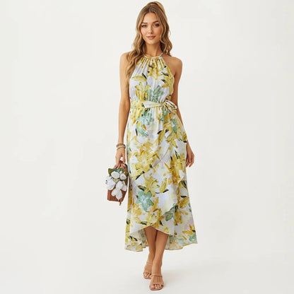 Anna-Kaci Women's Halter Neck Midi Dress with Floral Print and Asymmetrical Hem