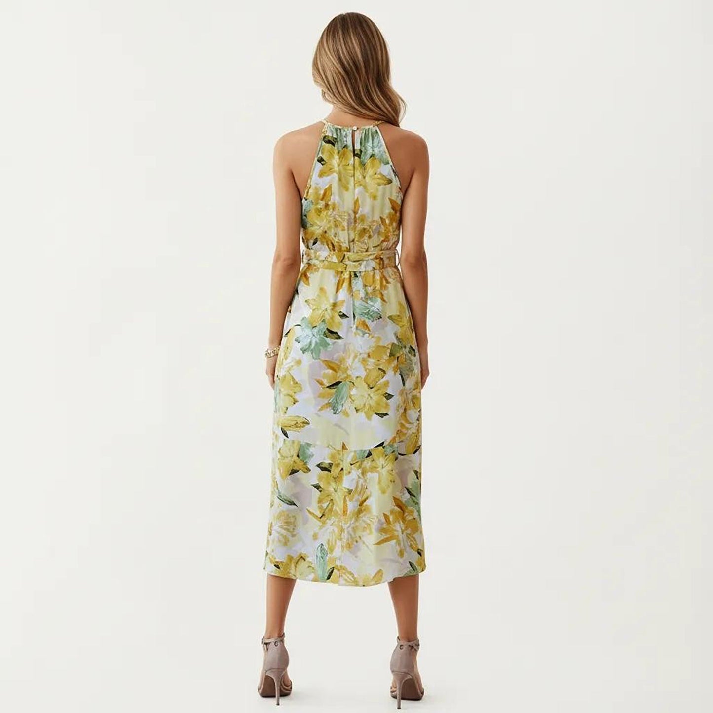 Anna-Kaci Women's Halter Neck Midi Dress with Floral Print and Asymmetrical Hem