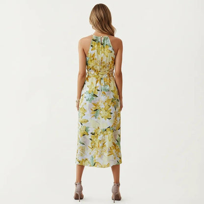 Anna-Kaci Women's Halter Neck Midi Dress with Floral Print and Asymmetrical Hem