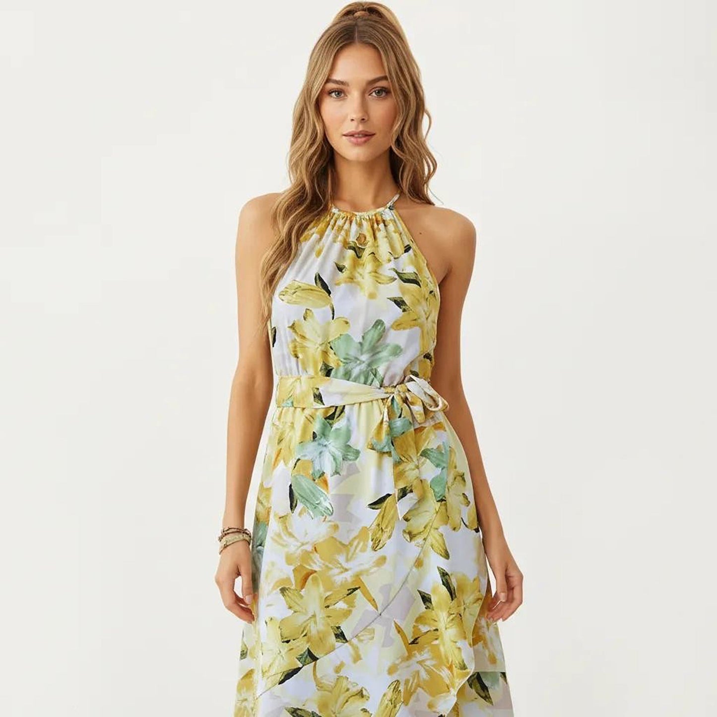 Anna-Kaci Women's Halter Neck Midi Dress with Floral Print and Asymmetrical Hem