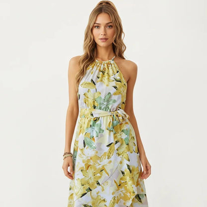 Anna-Kaci Women's Halter Neck Midi Dress with Floral Print and Asymmetrical Hem