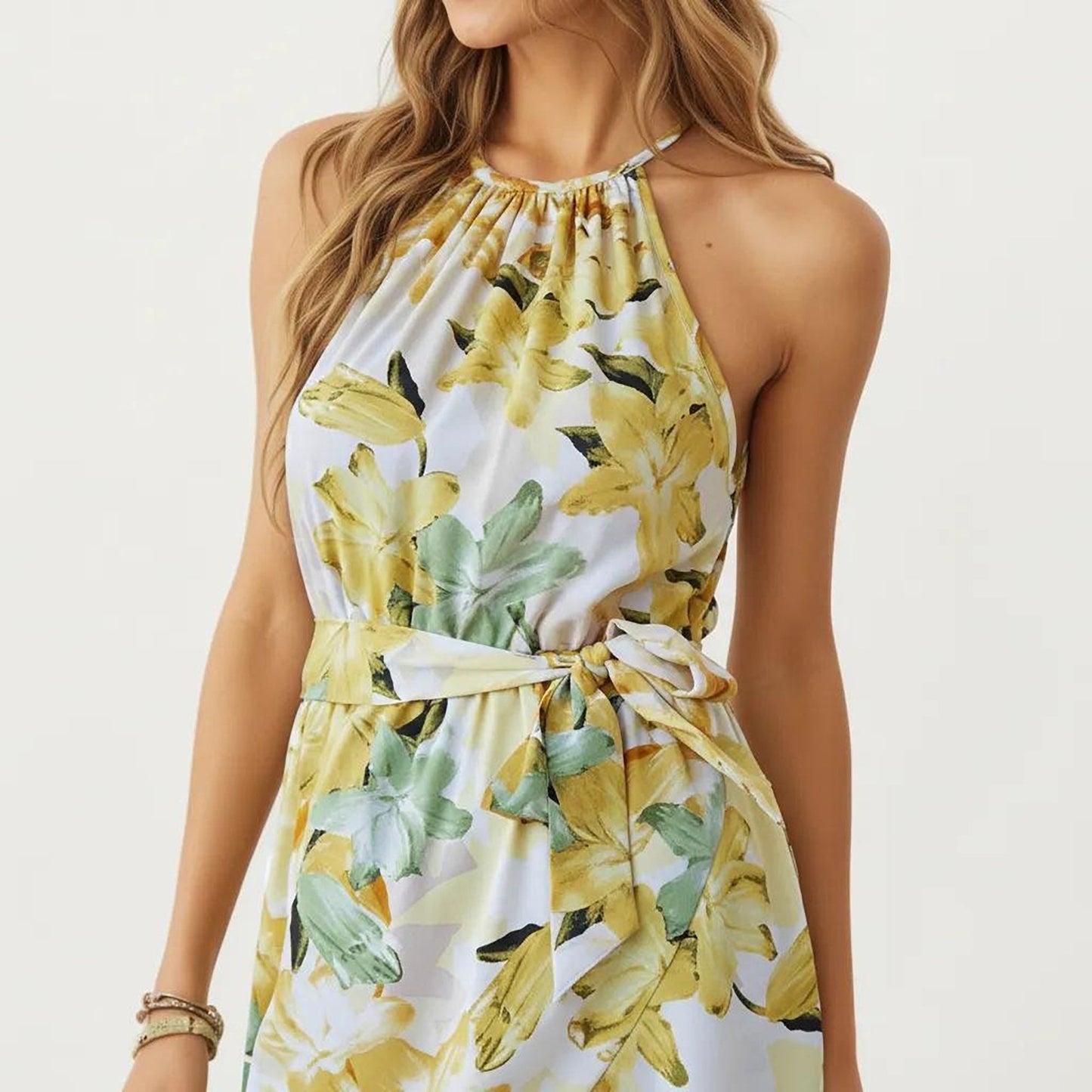 Anna-Kaci Women's Halter Neck Midi Dress with Floral Print and Asymmetrical Hem