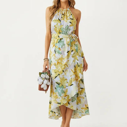 Anna-Kaci Women's Halter Neck Midi Dress with Floral Print and Asymmetrical Hem