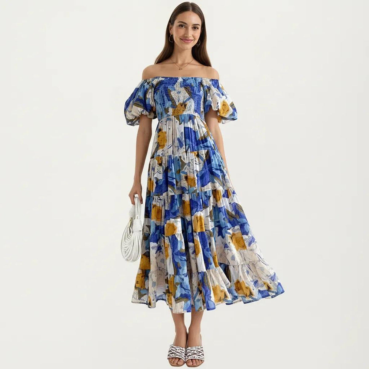 Anna-Kaci Women's Off Shoulder Maxi Dress with Smocked Bodice and Tiered Skirt