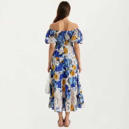 Anna-Kaci Women's Off Shoulder Maxi Dress with Smocked Bodice and Tiered Skirt