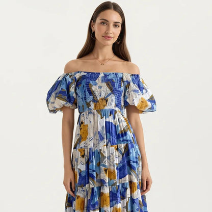 Anna-Kaci Women's Off Shoulder Maxi Dress with Smocked Bodice and Tiered Skirt
