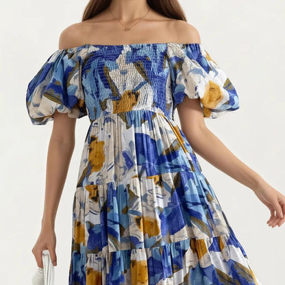 Anna-Kaci Women's Off Shoulder Maxi Dress with Smocked Bodice and Tiered Skirt
