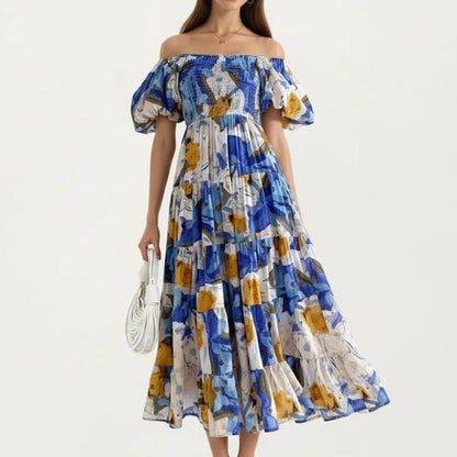 Anna-Kaci Women's Off Shoulder Maxi Dress with Smocked Bodice and Tiered Skirt