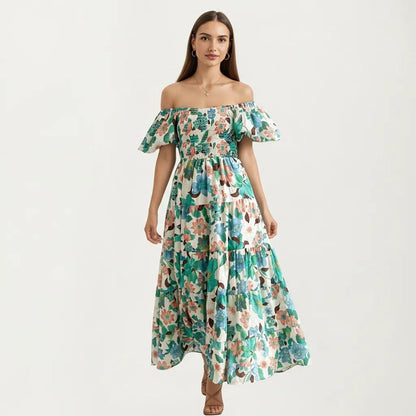 Anna-Kaci Women's Off Shoulder Maxi Dress with Smocked Bodice and Tiered Skirt