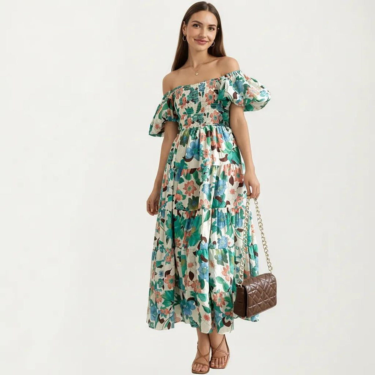 Anna-Kaci Women's Off Shoulder Maxi Dress with Smocked Bodice and Tiered Skirt