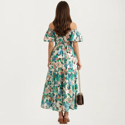 Anna-Kaci Women's Off Shoulder Maxi Dress with Smocked Bodice and Tiered Skirt