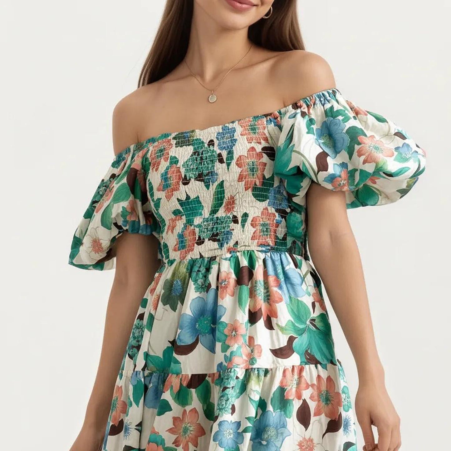 Anna-Kaci Women's Off Shoulder Maxi Dress with Smocked Bodice and Tiered Skirt